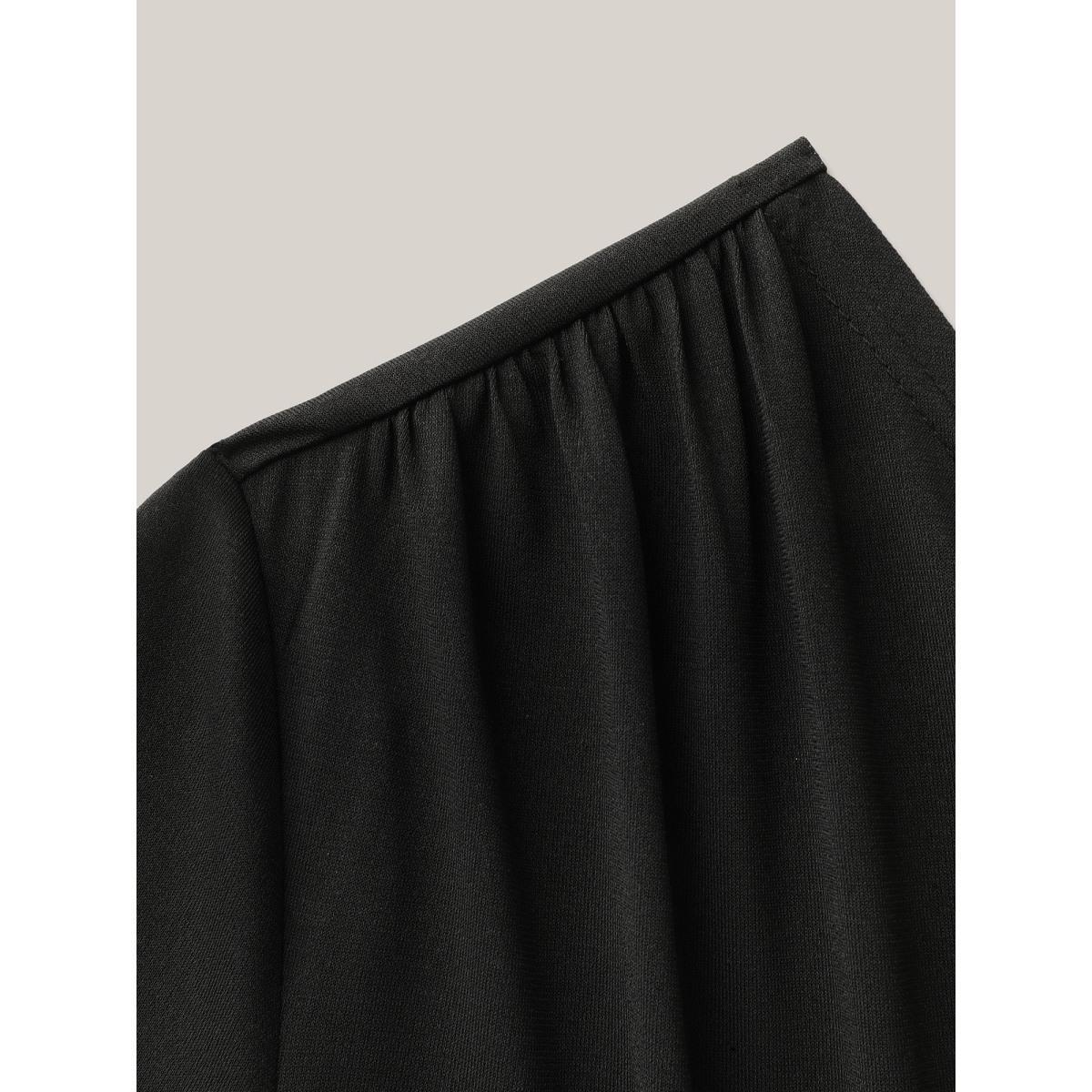 Plus Size Asymmetrical Neckline Curved Hem Plain T-Shirt Black Women Casual Gathered Asymmetrical Neck Bodycon Everyday T-shirts BloomChic 30/6X Product Image