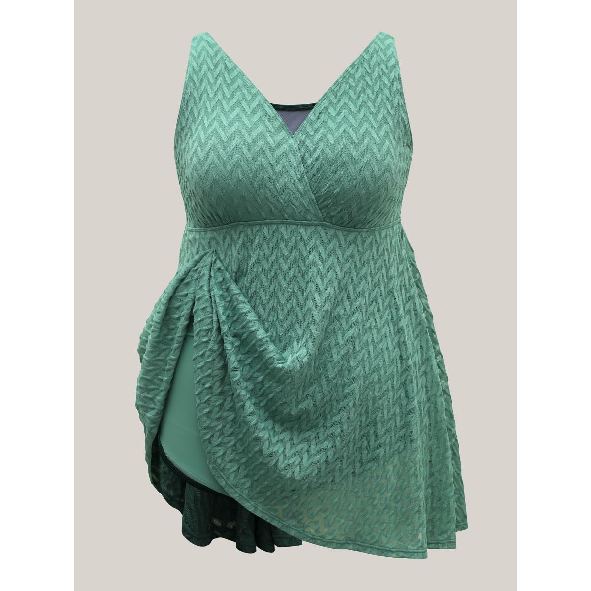 Plus Size Wavy Textured Lace Swim Dress Women's Swimwear Greenbean Beach Bodycon Overlap Collar High stretch Curve Swim Dresses BloomChic 28/5X Product Image