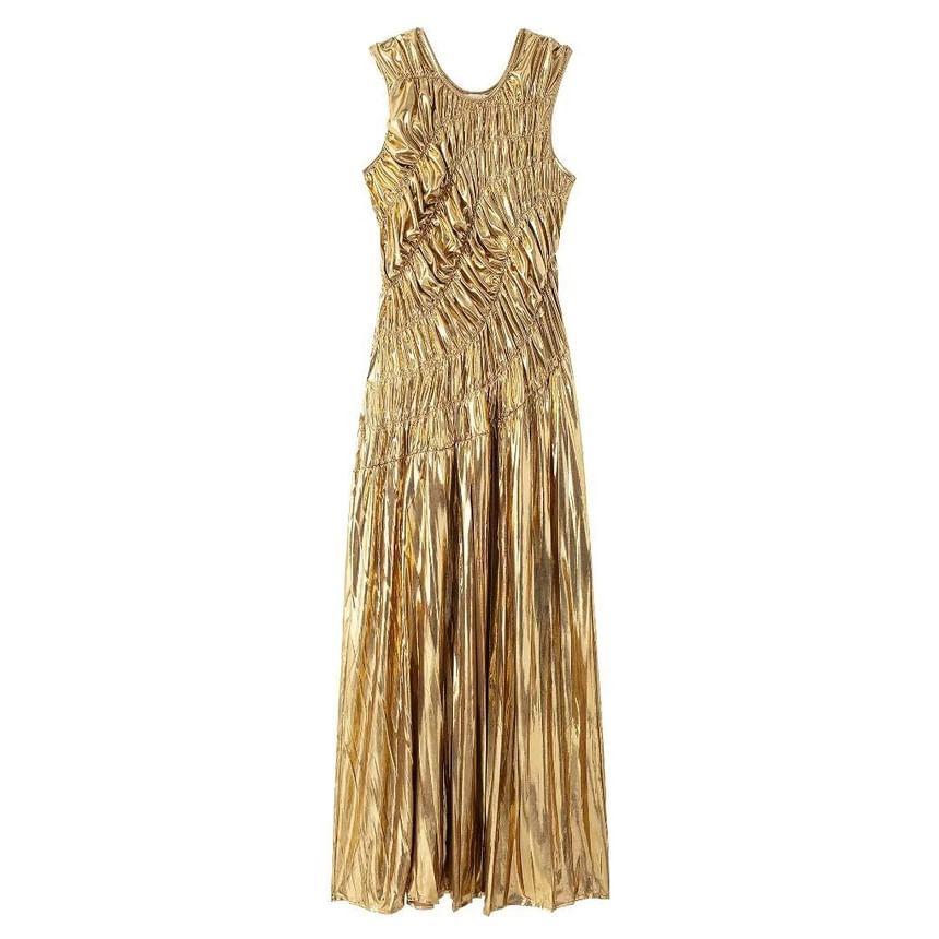 Sleeveless Round Neck Ruched Maxi A-Line Dress Product Image