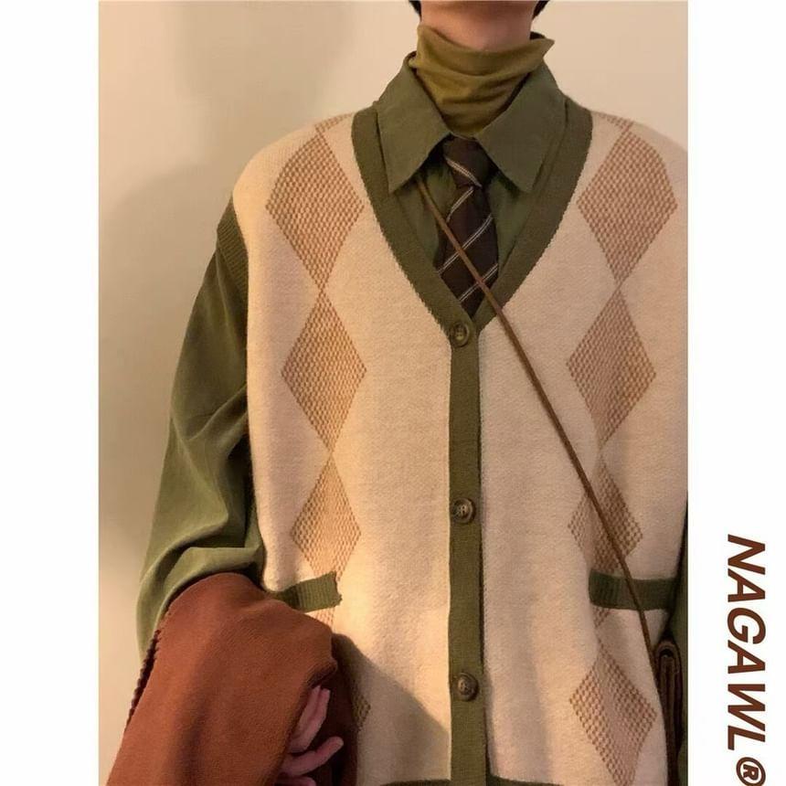 Argyle Print V-Neck Button Sweater Vest Product Image