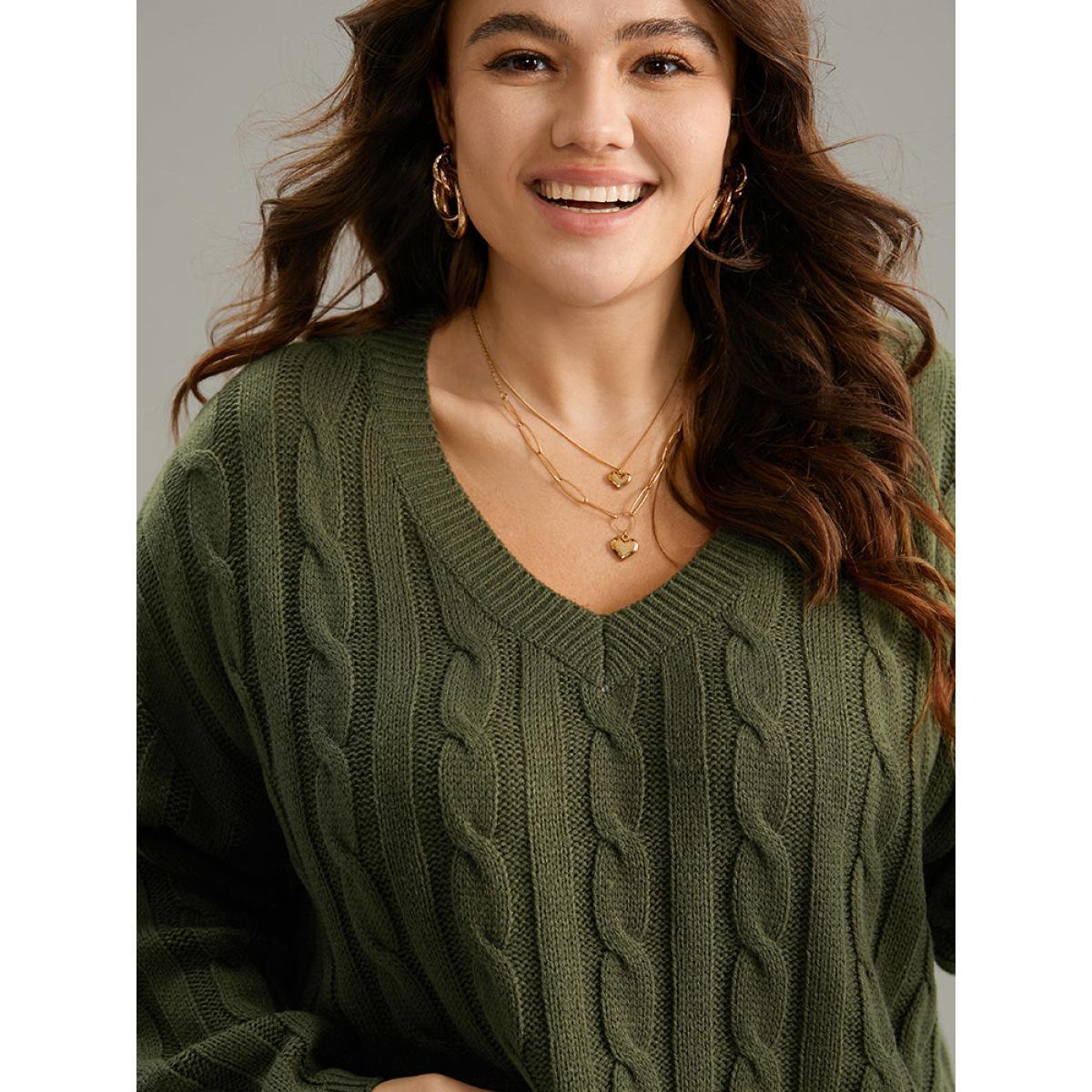 Plus Size Drop Shoulder Cable Knit Solid Pullover ArmyGreen Women Casual Loose Long Sleeve V-neck Everyday Pullovers BloomChic 26/4X Product Image