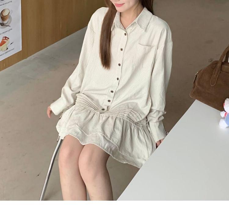 Long-Sleeve Striped Layered Ruffle Hem Half-Buttoned Mini Shirt Dress Product Image