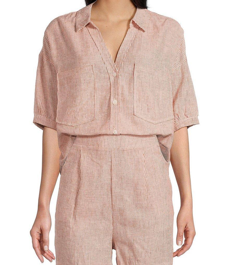 Copper Key Linen Stripe Coordinating Crop Camp Shirt Product Image