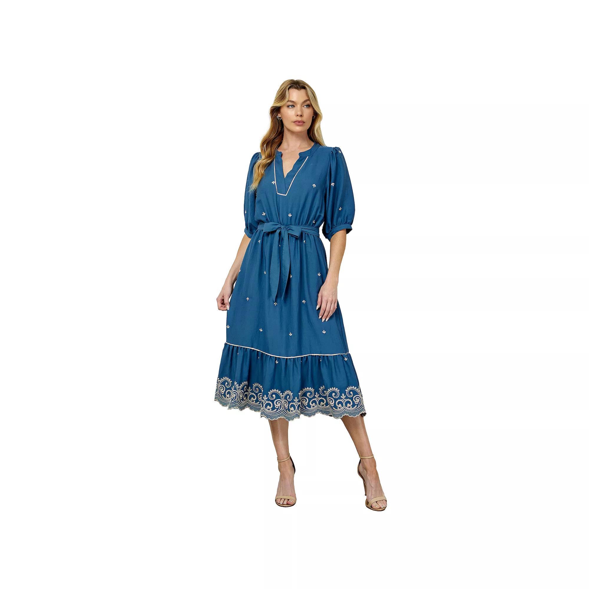 Women's Figueroa & Flower V-Neck Embroidered Peasant Dress, Size: Large, Chambray Product Image