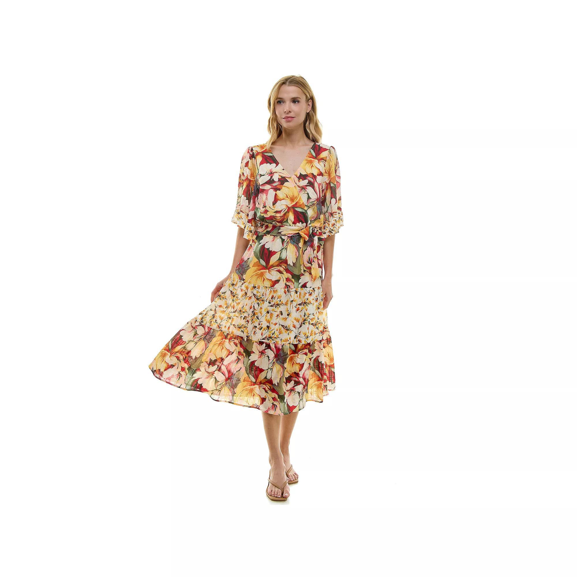 Women's Figueroa & Flower Flutter Sleeve Tiered Maxi Dress, Size: XL, Olive Yellow Product Image