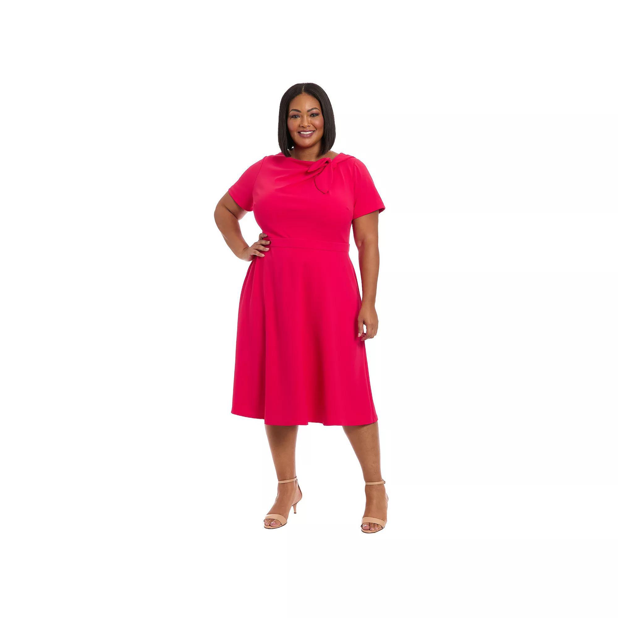 Plus Size London Times Tie Neck Fit and Flare Dress, Women's, Size: 16 W, Pink Red Product Image