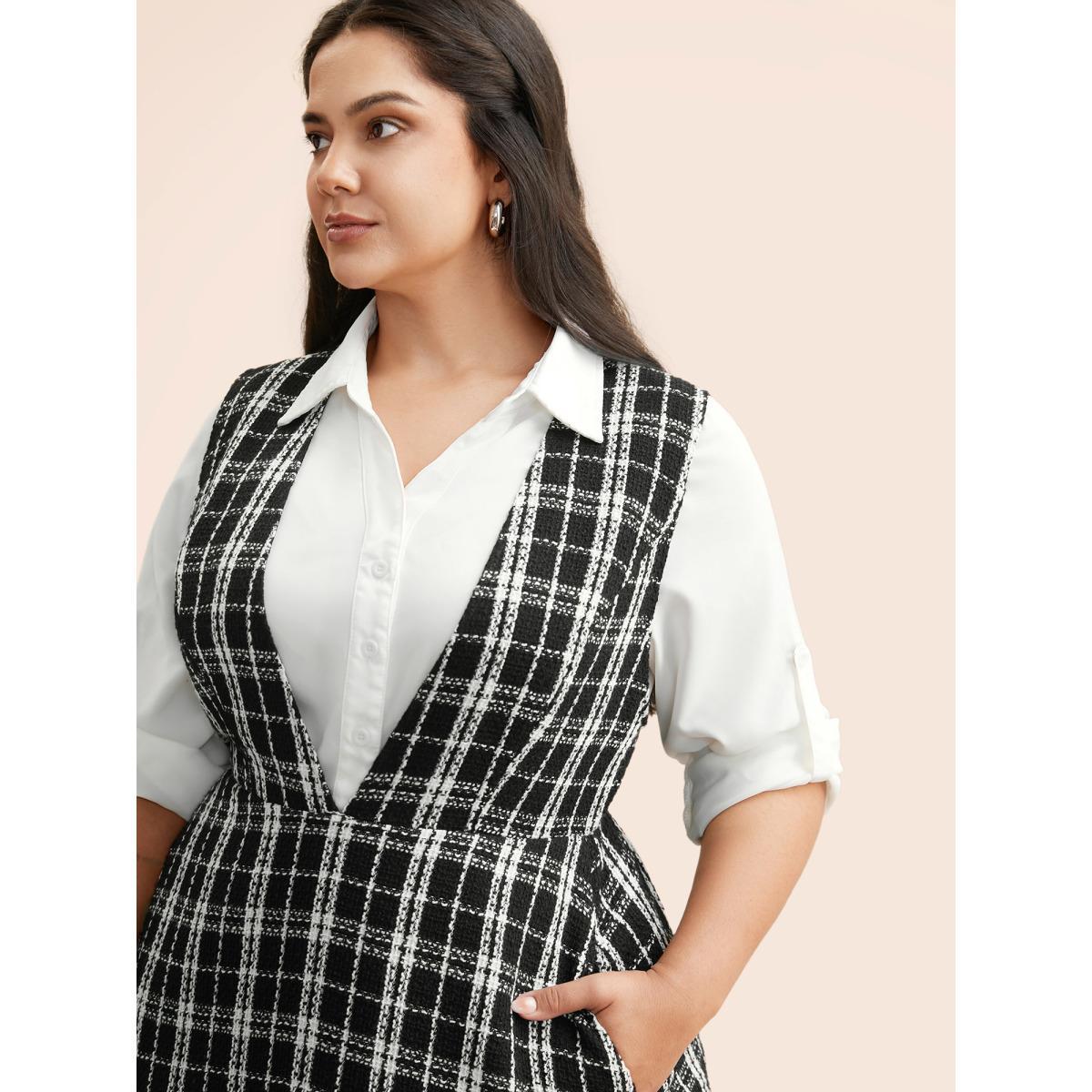 Plus Size Tweed Elastic Waist Overall Dress Black Women Elegant Texture Deep V-neck Sleeveless Curvy BloomChic 14-16/1X Product Image