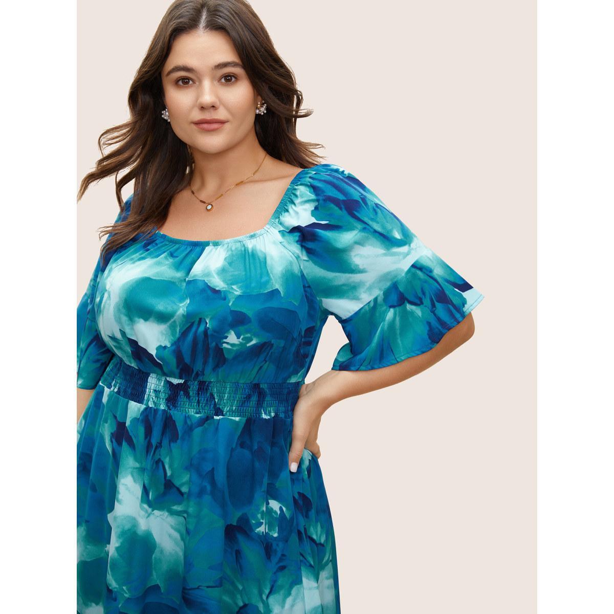Plus Size Square Neck Floral Shirred Ruffle Sleeve Dress Blue Women Elegant Non Square Neck Short sleeve Curvy Midi Dress BloomChic 26/4X Product Image