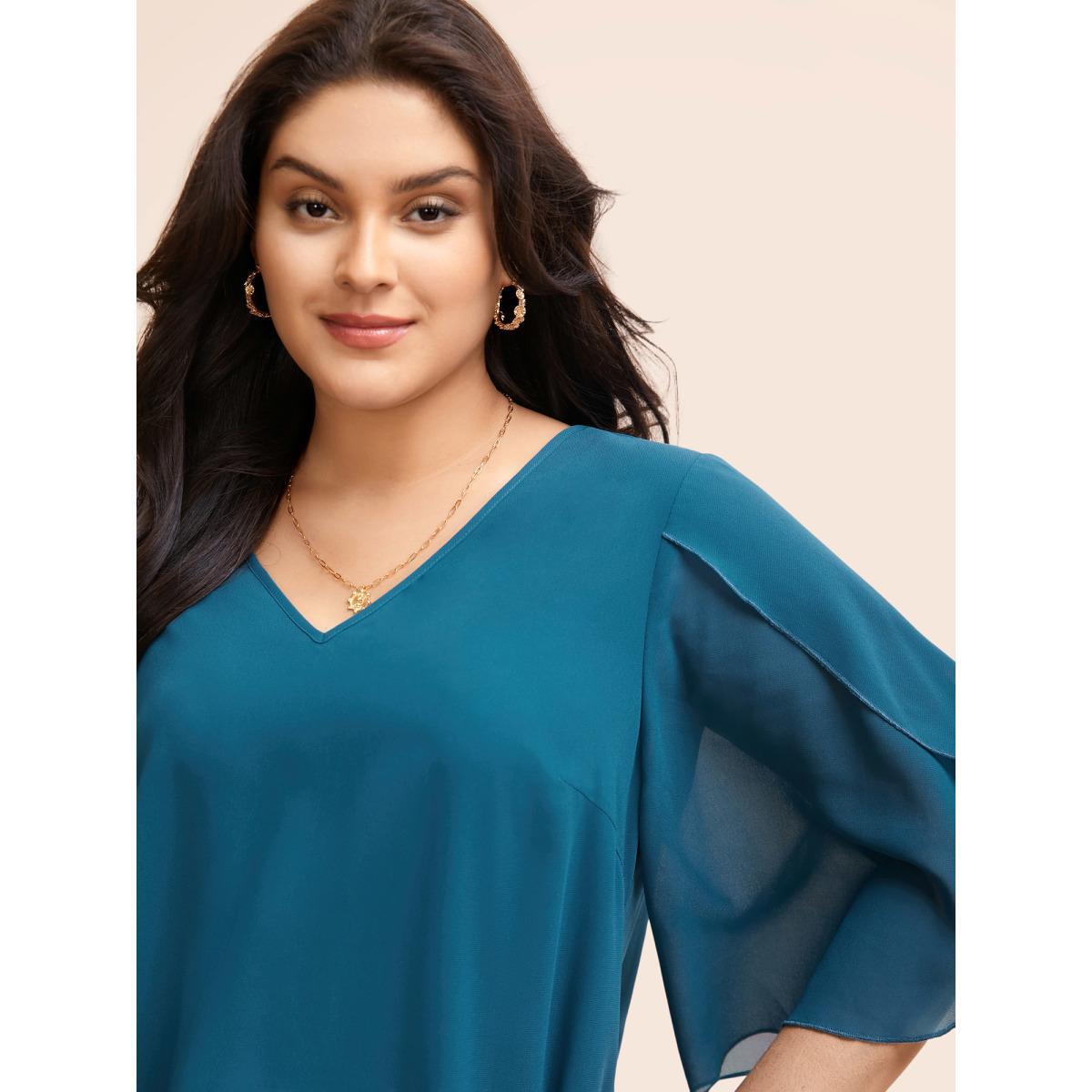 Plus Size Aegean Chiffon Gathered Petal Sleeve Blouse Women Elegant Elbow-length sleeve V-neck Everyday Blouses BloomChic 30/6X Product Image