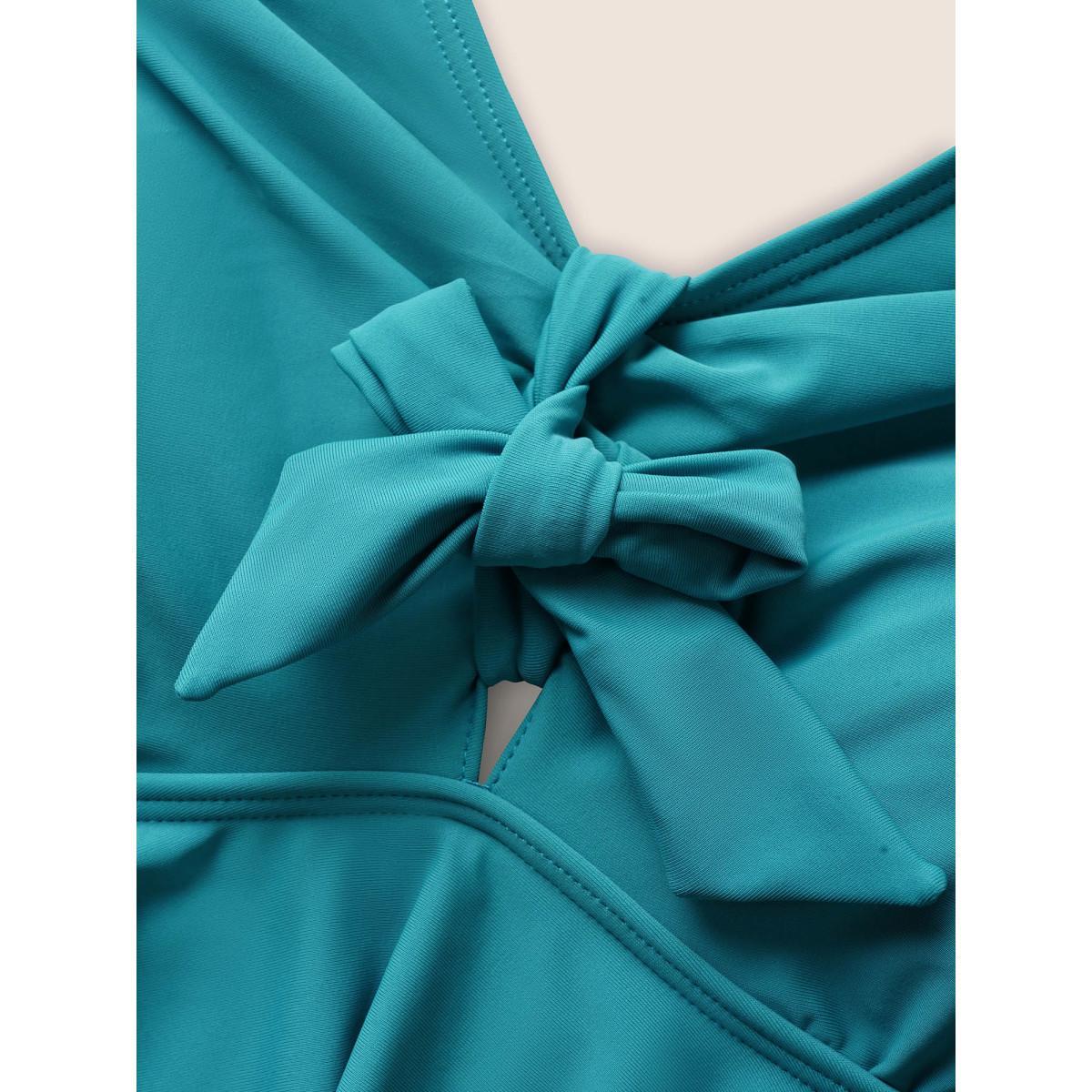 Plus Size Knotted Front Ruffle Tiered Tankini Top Women's Swimwear Turquoise Beach Ruffles High stretch Bodycon V-neck Curve Swim Tops BloomChic 10/M Product Image