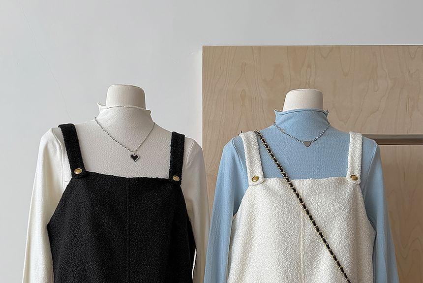 Set: Long-Sleeve Mock Neck Plain T-Shirt + Plain Mini Pinafore Dress Product Image