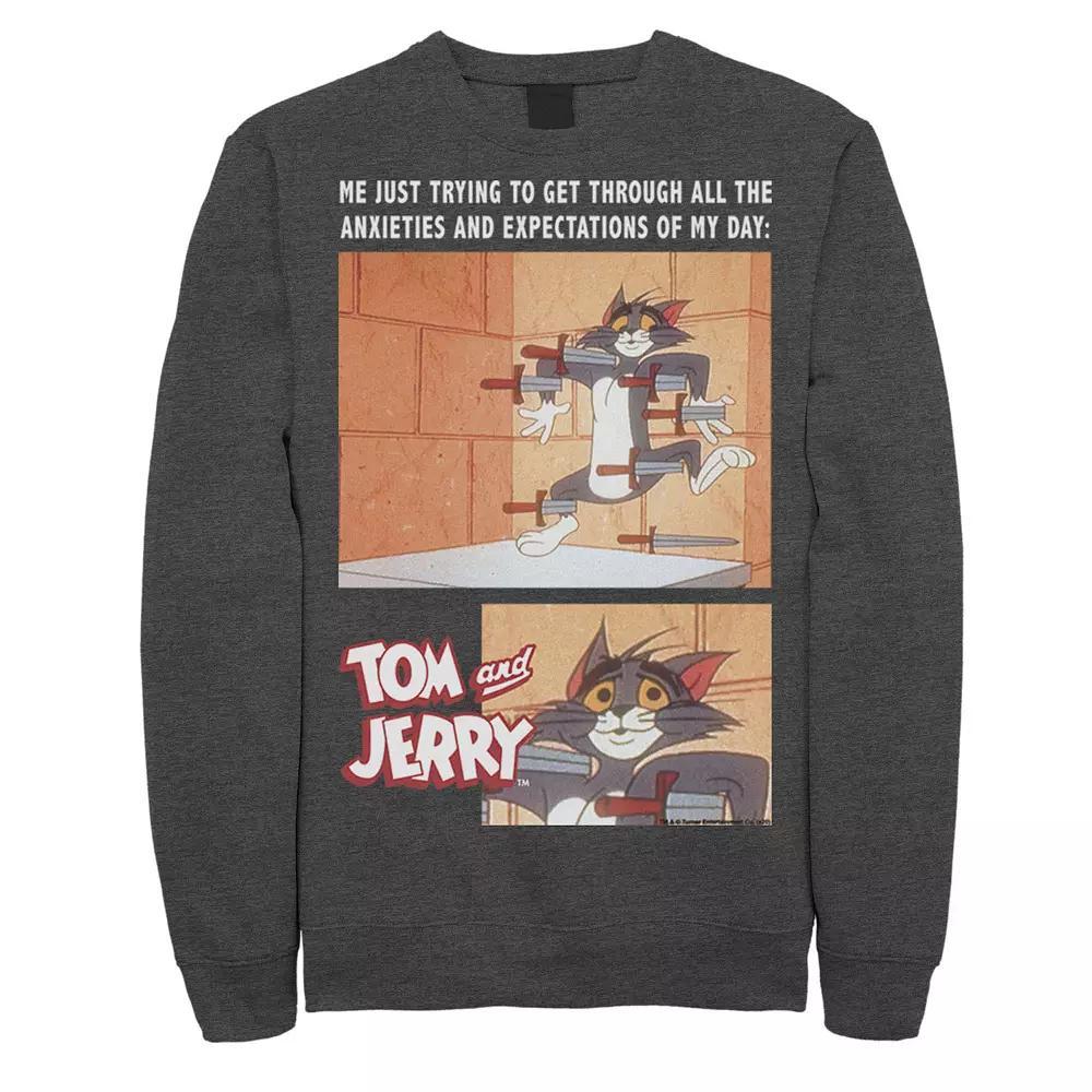 Men's Tom And Jerry Anxiety Meme Portrait Panels Sweatshirt, Size: Medium, Grey Heather Product Image