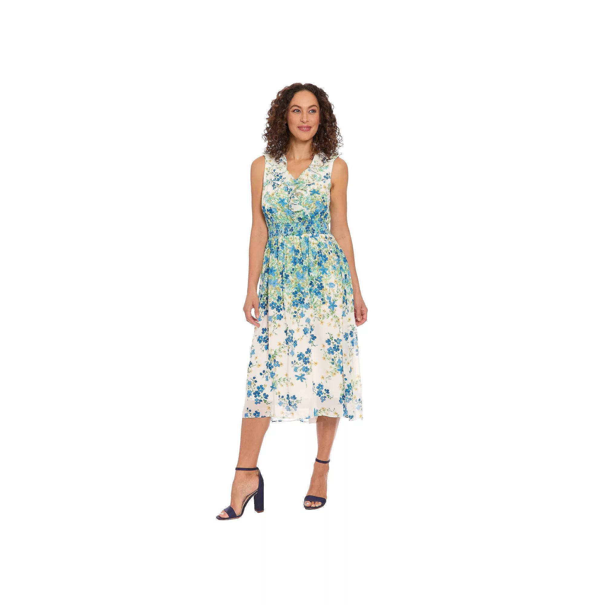 Women's London Times V-Neck Smocked Waist Midi Dress, Size: Large, White Blue Product Image