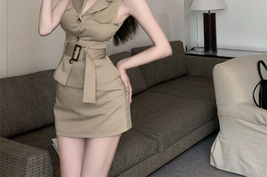 Sleeveless Lapel Collar Plain Button Top / Plain Open Crop Jacket / High Waist Plain Mini A-Line Skirt / Set Product Image