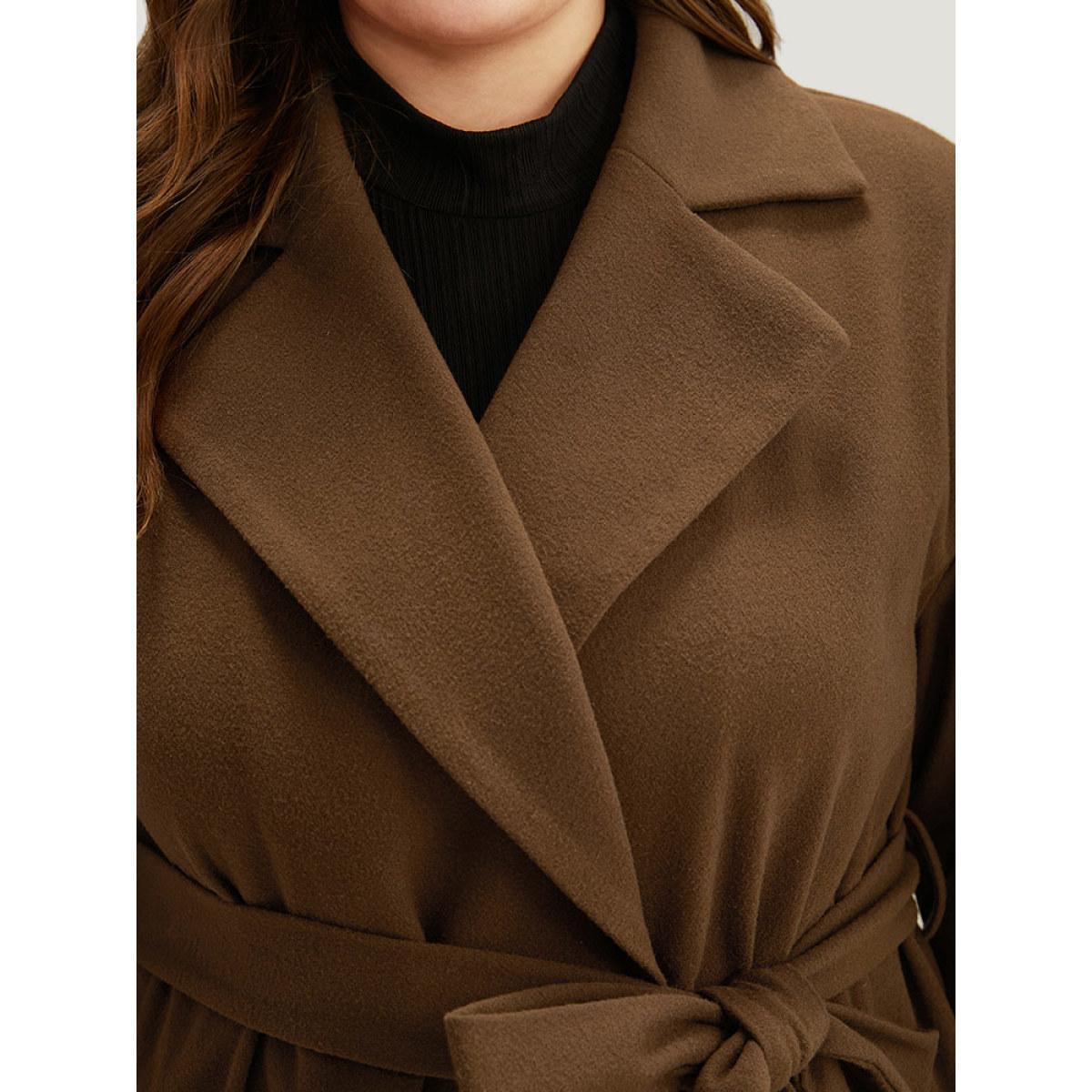 Plus Size Plain Lapel Collar Pocket Belted Coat Women DarkBrown Casual Plain Ladies Dailywear Winter Coats BloomChic 18-20/2X Product Image