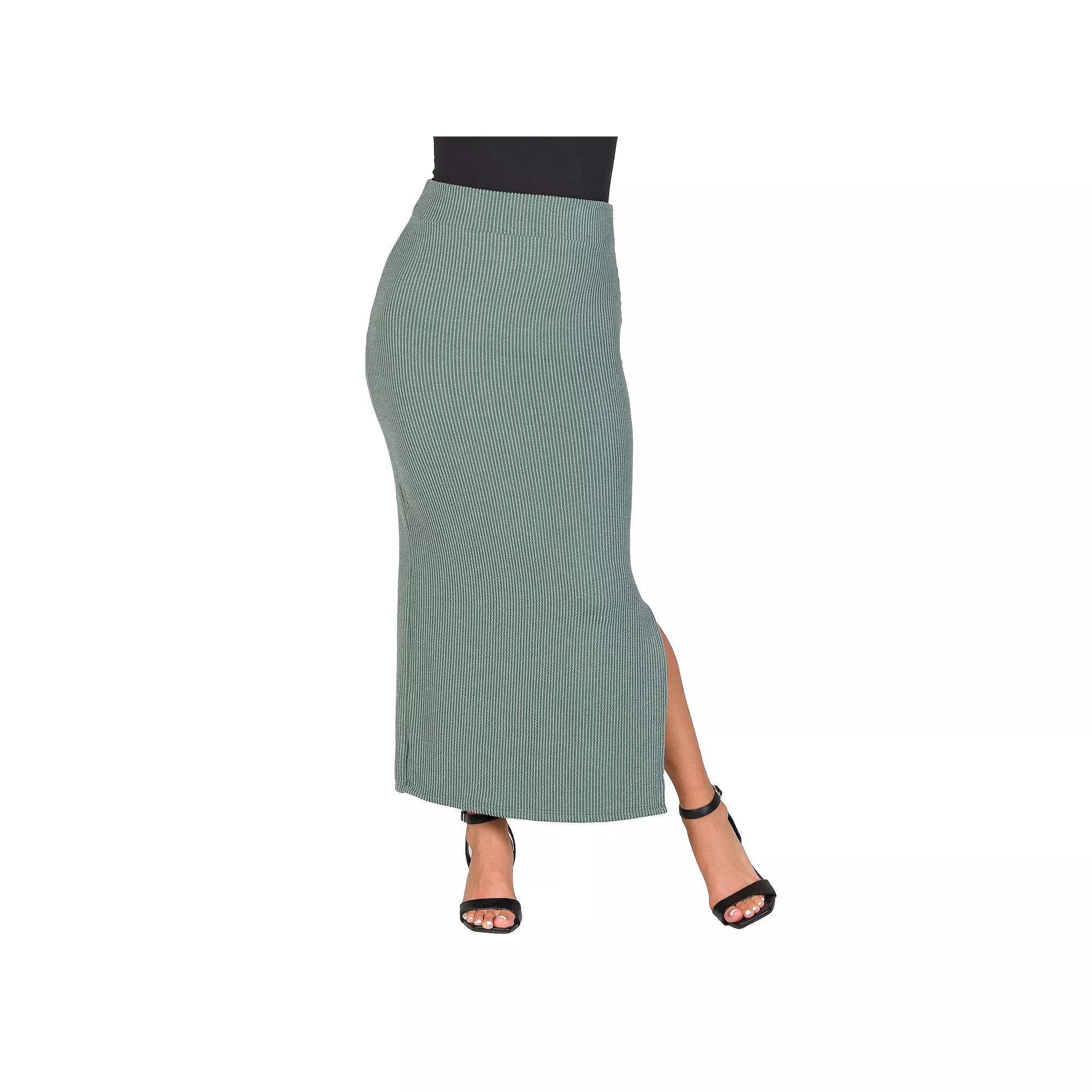 Women's 24Seven Comfort Apparel Ribbed Knit Side Slit Elastic Waist Maxi Skirt, Size: 1XL, Green Product Image