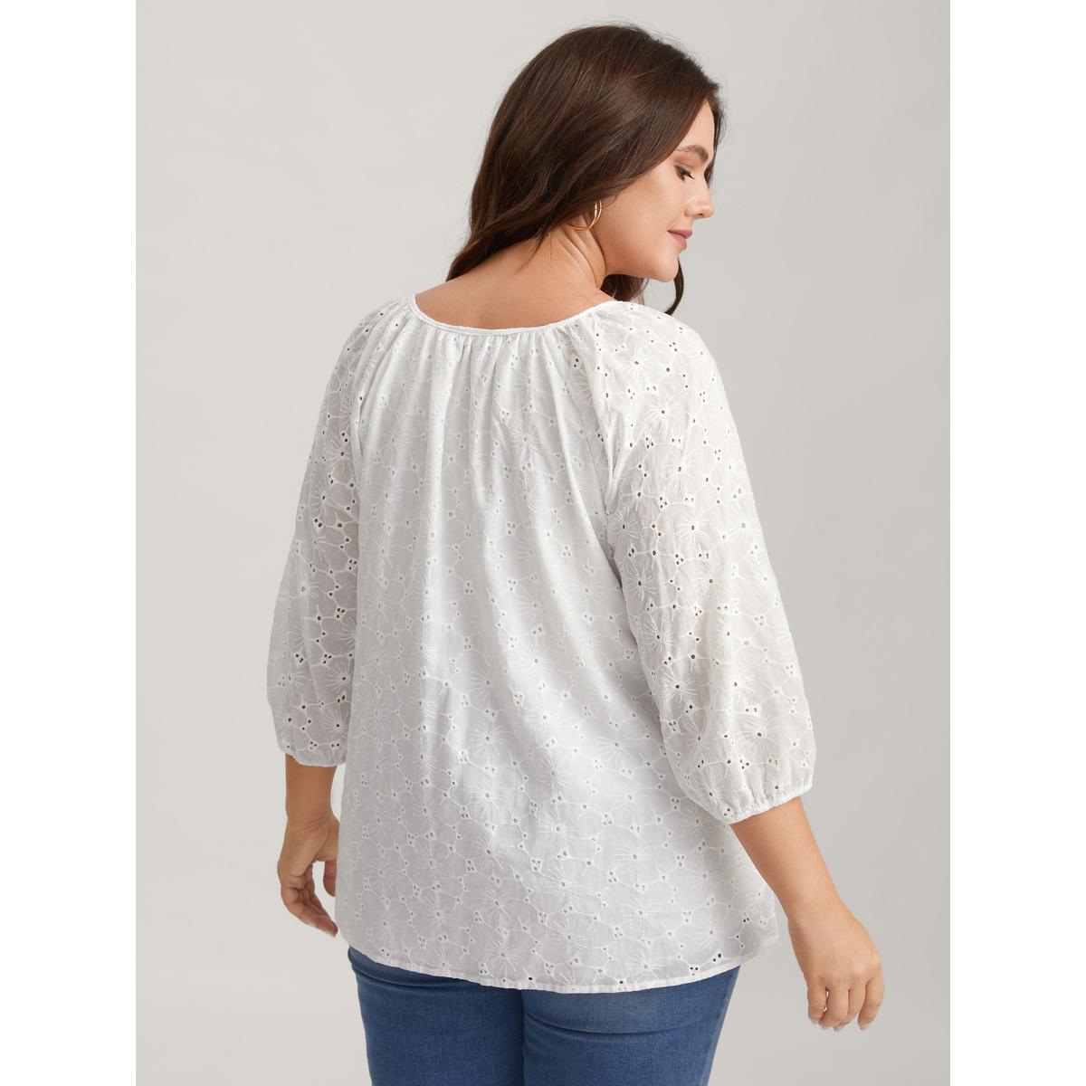 Plus Size WhiteSmoke Pure Cotton Eyelet Texture Blouse Women Elbow-length sleeve Notched collar Everyday-Elegant Blouses BloomChic 30/6X Product Image