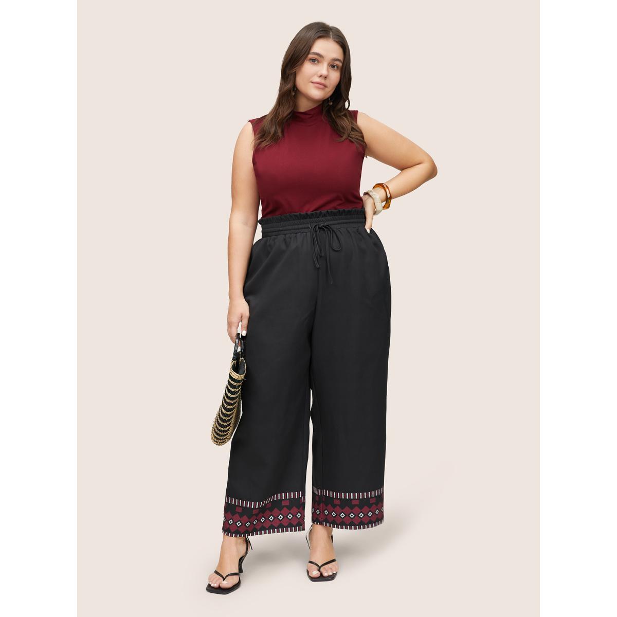 Plus Size Bandana Print Paperbag Waist Drawstring Pants Women Black Resort High Rise Vacation Pants BloomChic 18-20/2X Product Image