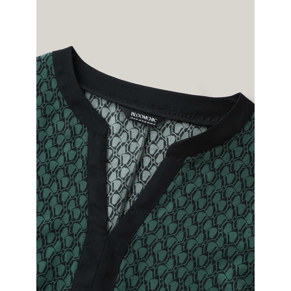 Plus Size DarkGreen Geometric Print Color Contrast Blouse Women Elbow-length sleeve Flat collar with V-notch Work Blouses BloomChic 22-24/3X Product Image