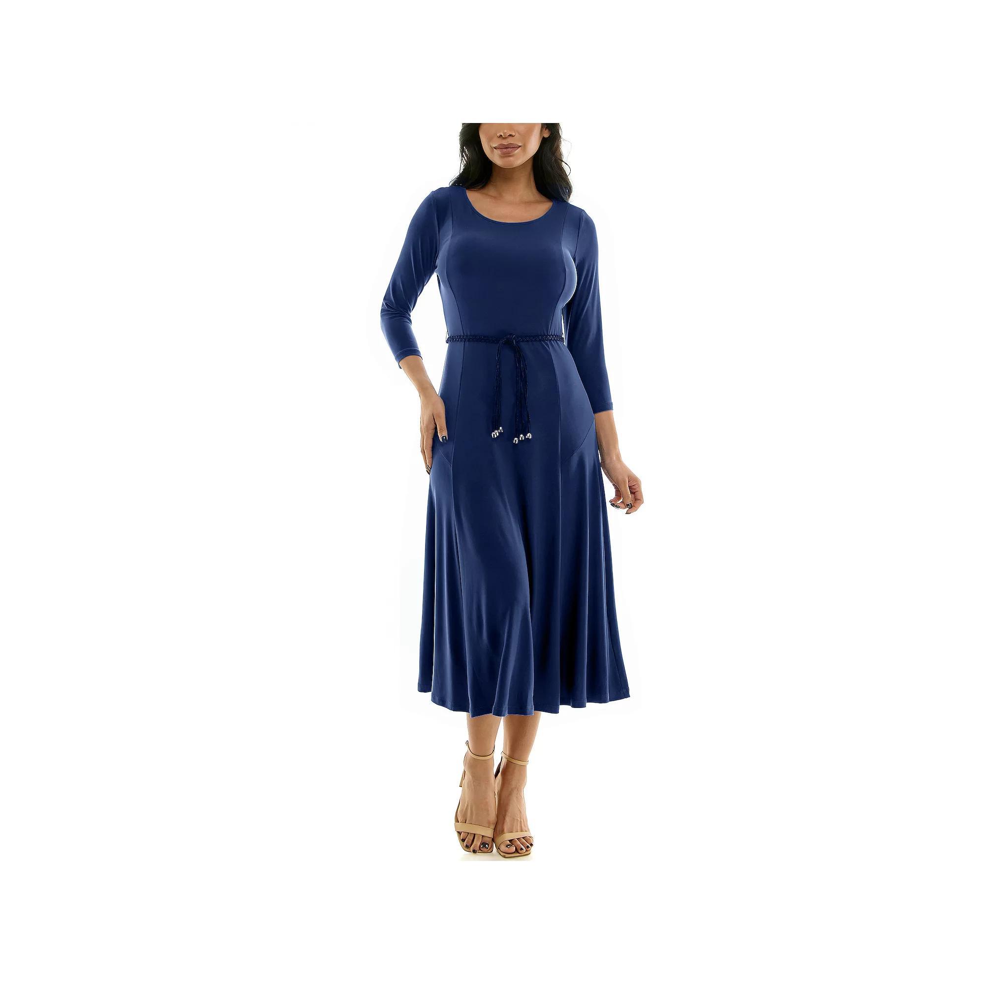 Women's Nina Leonard Sylvia Three-Quarter Sleeve Belted Midi Dress, Size: Large, Blue Product Image