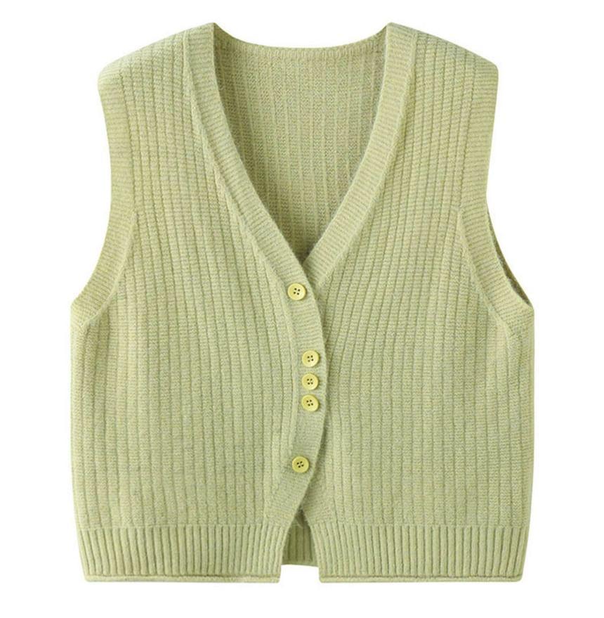 V-Neck Plain Ribbed Single-Breasted Sweater Vest Product Image