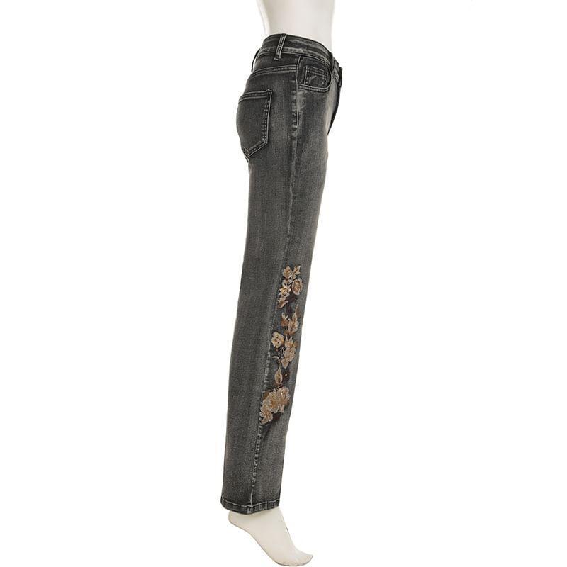 Mid Waist Floral Embroidered Flared Jeans Product Image