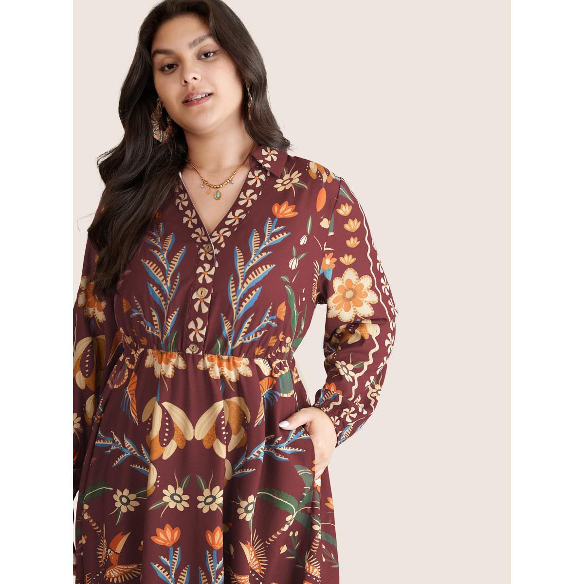 Plus Size Bandana Print Pocket Lapel Collar Elastic Cuffs Dress Scarlet Women Resort Non V-neck Long Sleeve Curvy Midi Dress BloomChic 10/M Product Image