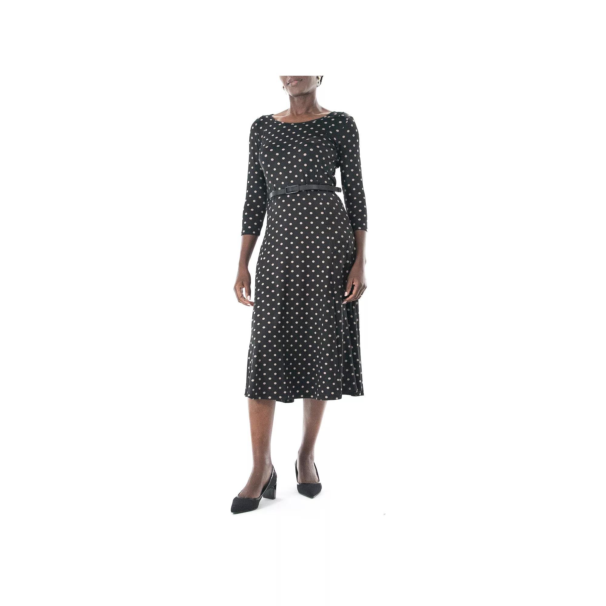 Women's Nina Leonard Sylvia Three-Quarter Sleeve Belted Dress, Size: XL, Black Mink Product Image