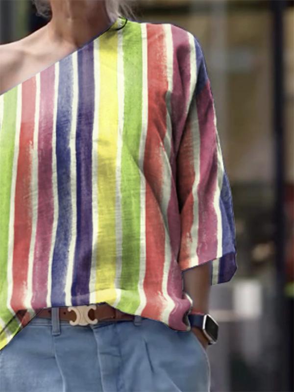 Long Sleeves Loose Contrast Color Striped One-Shoulder T-Shirts Tops Product Image