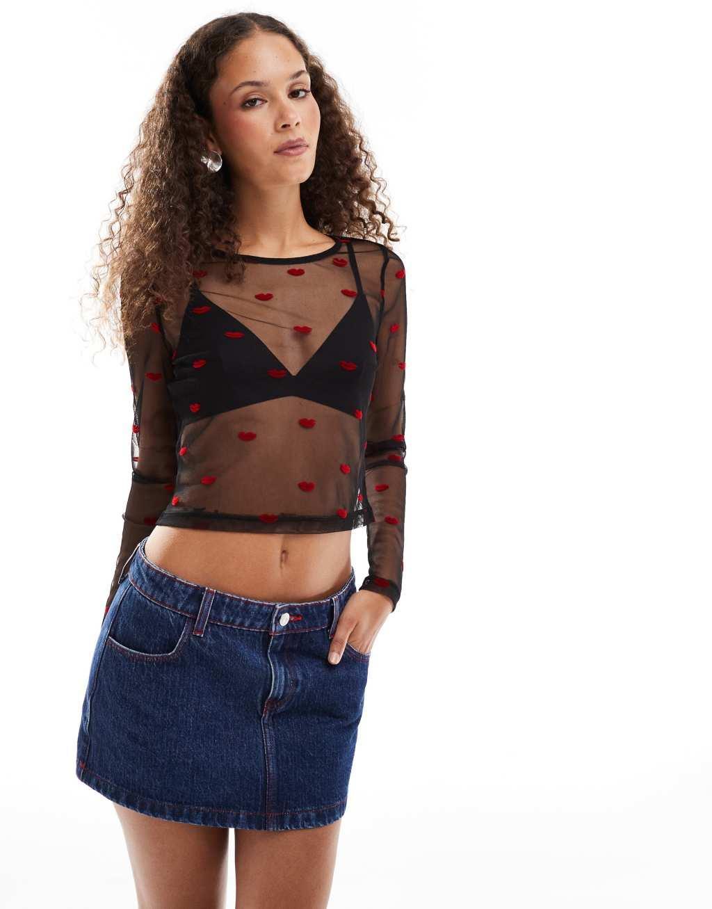 Noisy May long sleeve mesh top with lip flocking in black Product Image