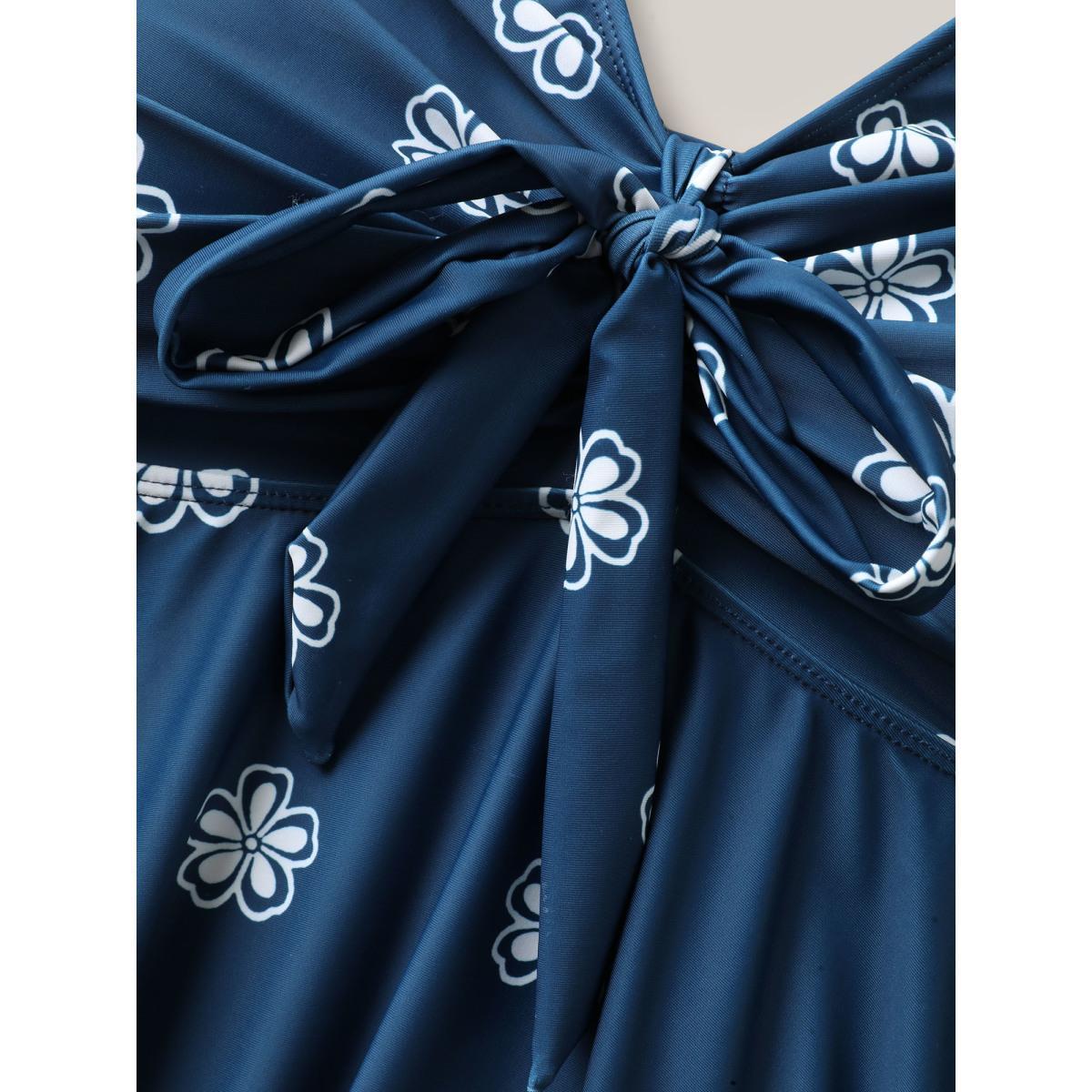 Plus Size Floral Fun Knotted Bodice Swim Dress Women's Swimwear Indigo Beach Bodycon V-neck High stretch Curve Swim Dresses BloomChic 22-24/3X Product Image