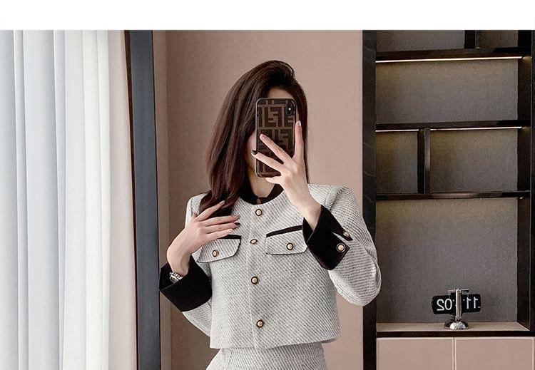 Set: Contrast Trim Crop Button Jacket + High Waist Mini A-Line Skirt Product Image