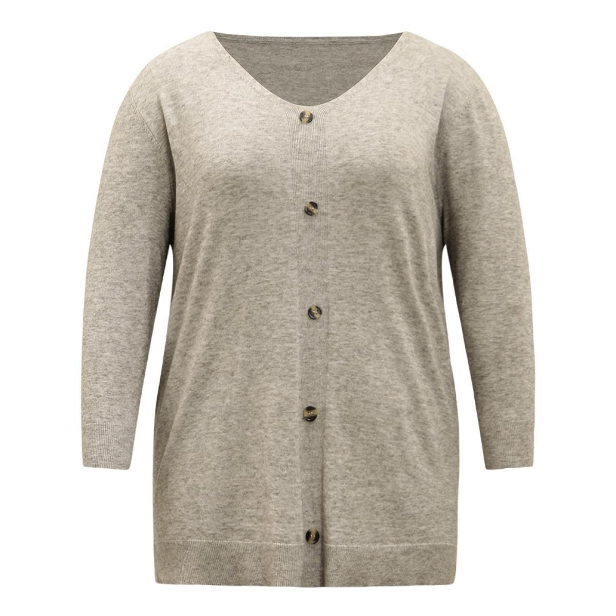 Plus Size Supersoft Essentials Button Detail Solid V Neck Cardigan Champagne Women Casual Elbow-length sleeve Dailywear Cardigans BloomChic 18-20/2X Product Image