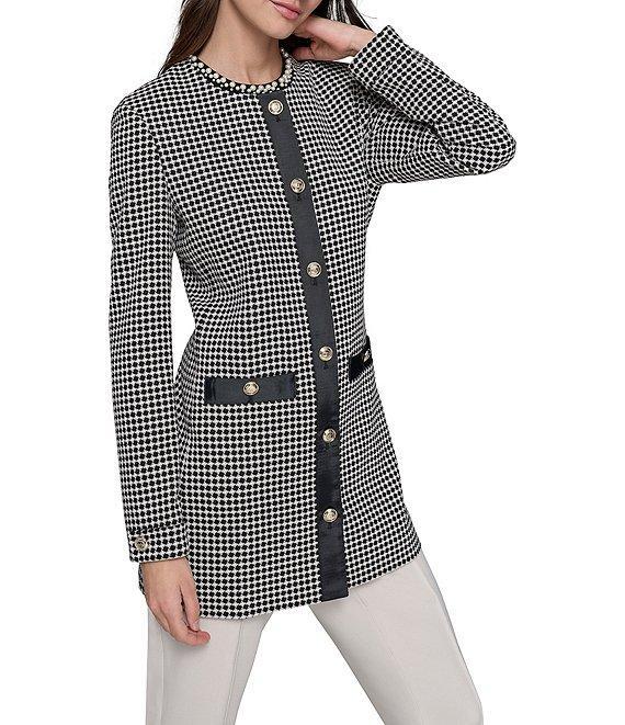 KARL LAGERFELD PARIS Pearl Embellished Collarless Long Sleeve Button Front Topper Product Image