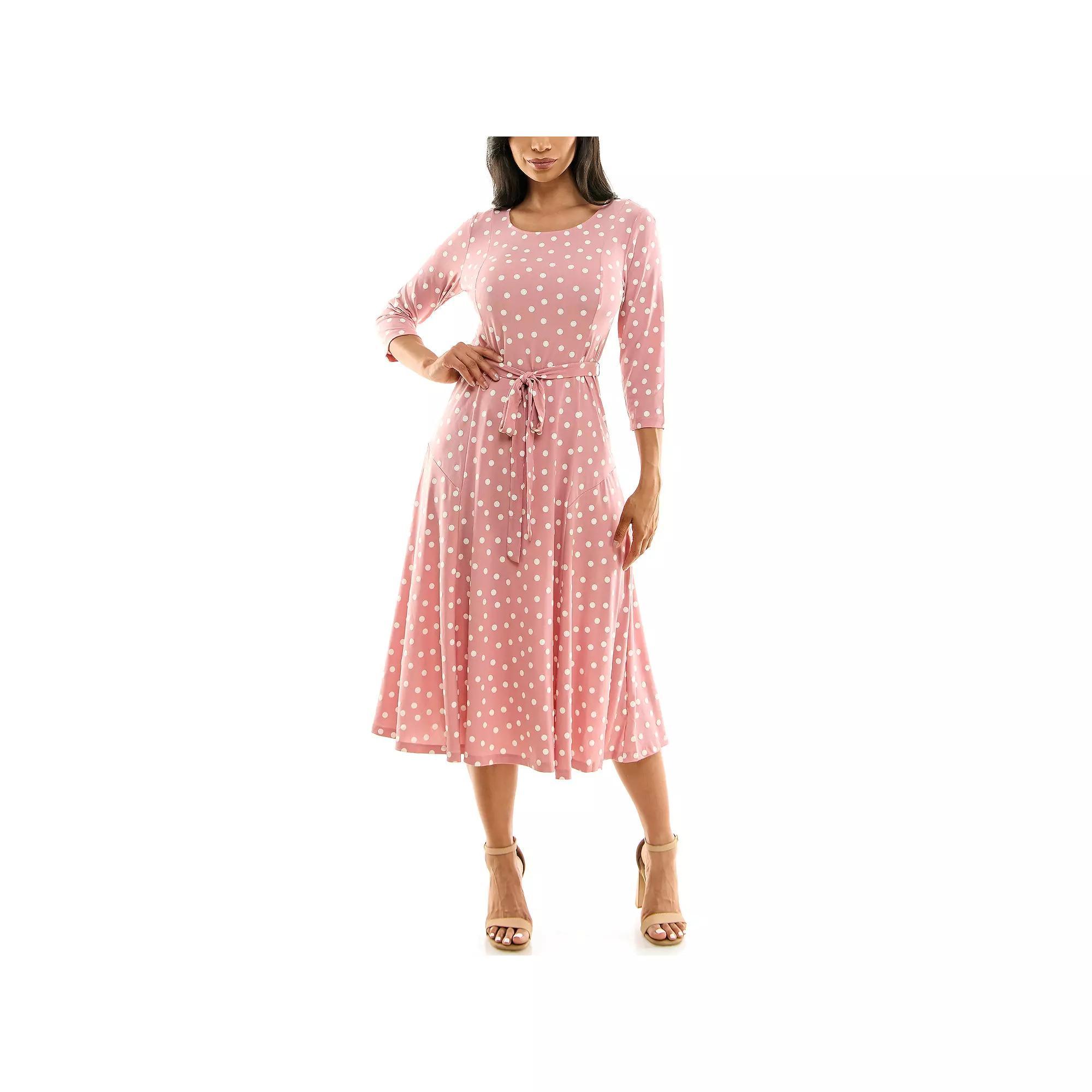 Women's Nina Leonard Belted 3/4 Sleeve Print Midi Dress, Size: Medium, Dusty Pink Product Image