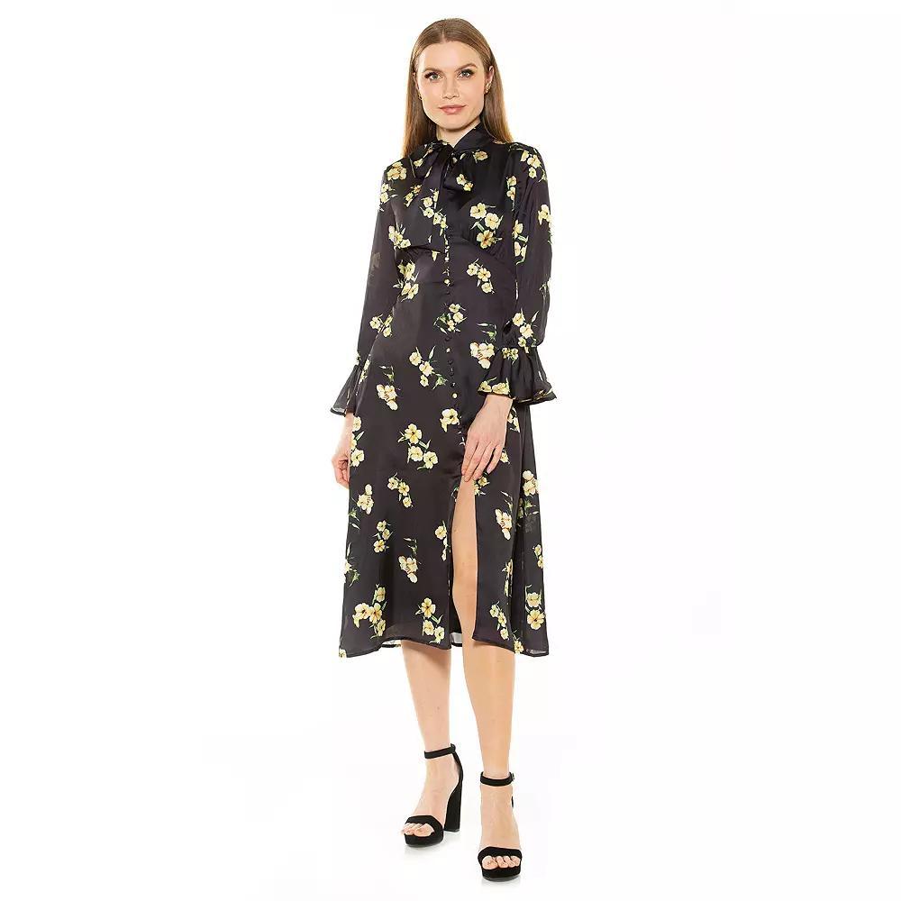 Women's ALEXIA ADMOR Gemma Bow Button Down Dress, Size: 6, Yellow Floral Product Image