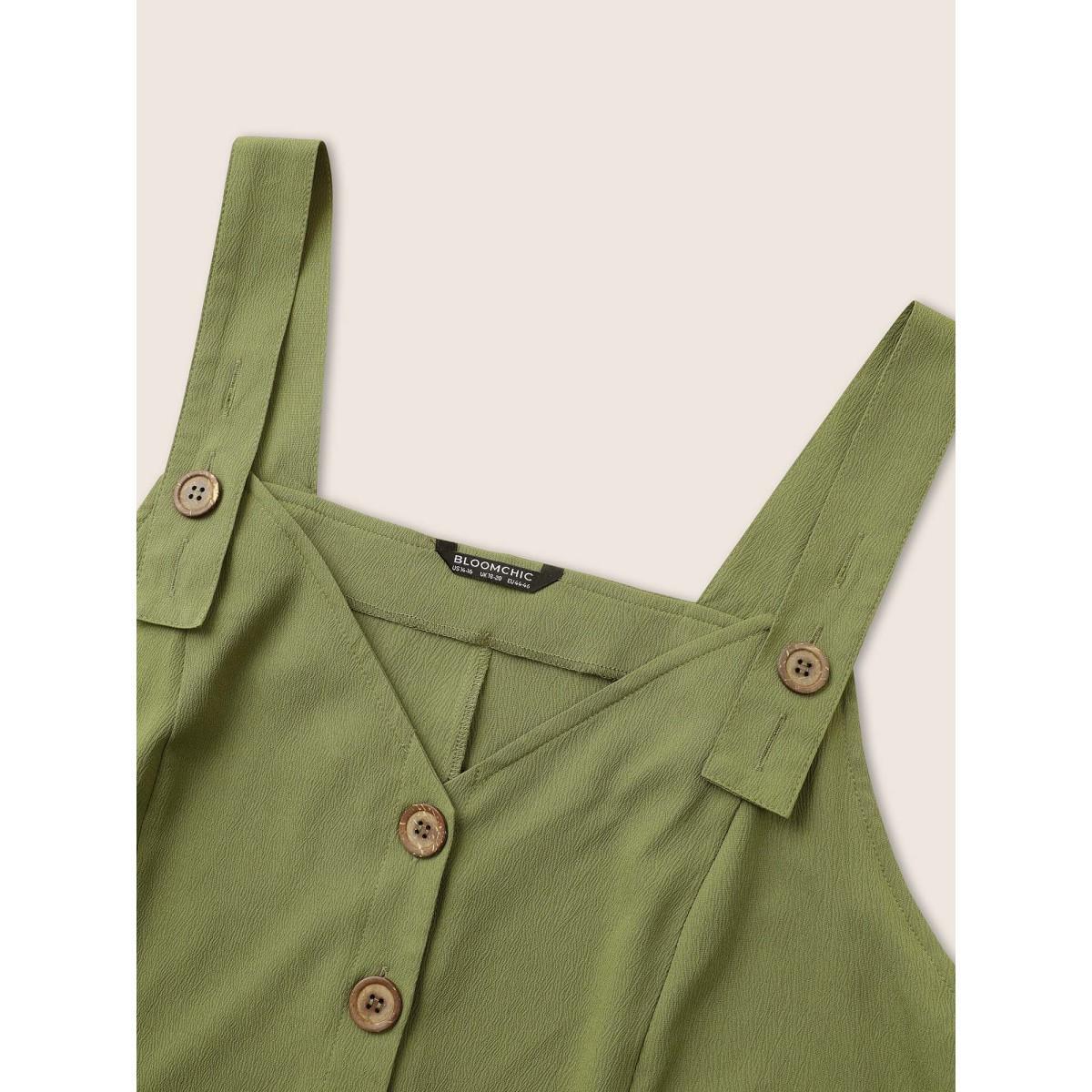 Plus Size ArmyGreen Solid Texture Button Up Crinkled Jumpsuit Women Casual Sleeveless V-neck Everyday Loose Jumpsuits BloomChic 22-24/3X Product Image