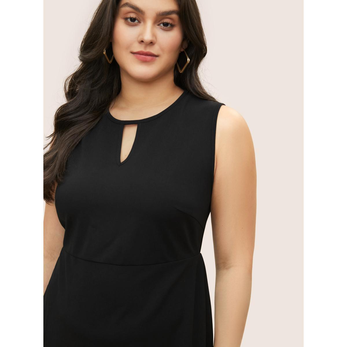 Plus Size Solid Sleeveless Ruffles Mermaid Hem Dress Black Women Workwear Essentials Belted Round Neck Sleeveless Curvy Midi Dress BloomChic 22-24/3X Product Image