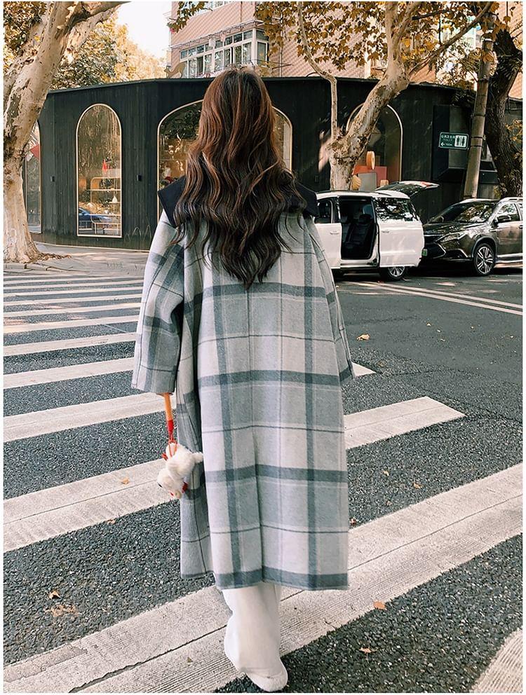 Collared Plaid Button-Up Long Coat Product Image