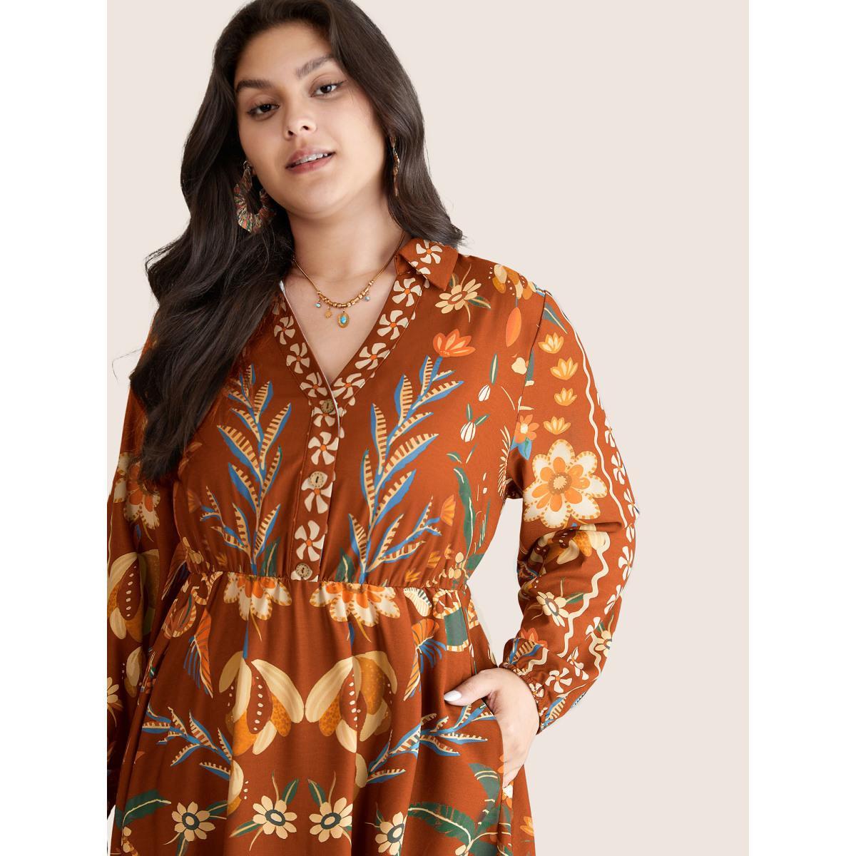 Plus Size Bandana Print Pocket Lapel Collar Elastic Cuffs Dress Brightorange Women Resort Non V-neck Long Sleeve Curvy Midi Dress BloomChic 14-16/1X Product Image