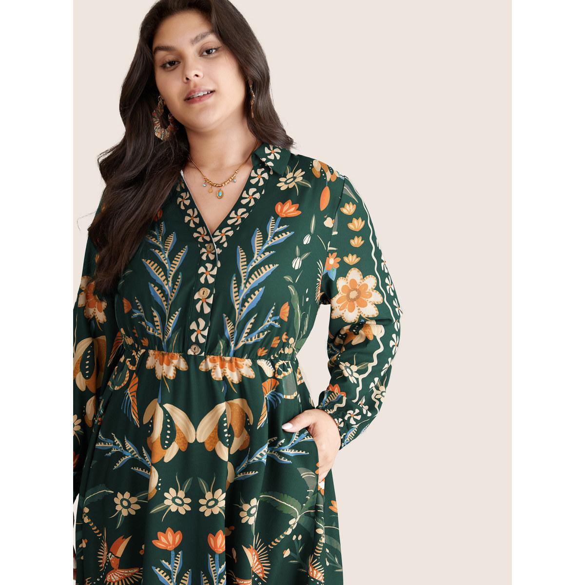 Plus Size Bandana Print Pocket Lapel Collar Elastic Cuffs Dress DarkGreen Women Resort Non V-neck Long Sleeve Curvy Midi Dress BloomChic 30/6X Product Image