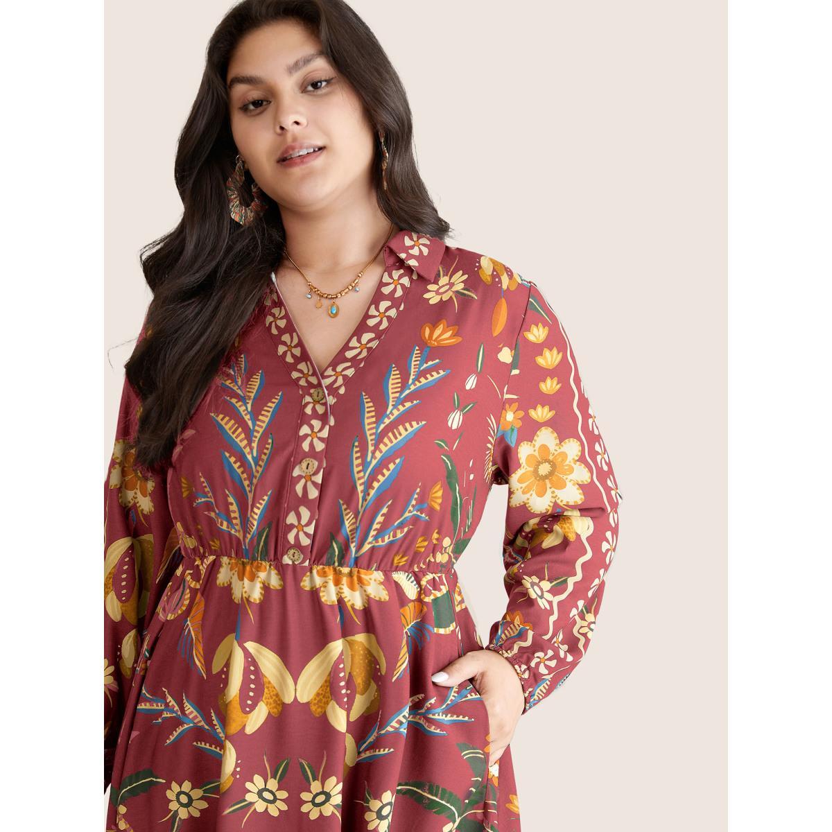 Plus Size Bandana Print Pocket Lapel Collar Elastic Cuffs Dress Watermelon Women Resort Non V-neck Long Sleeve Curvy Midi Dress BloomChic 26/4X Product Image