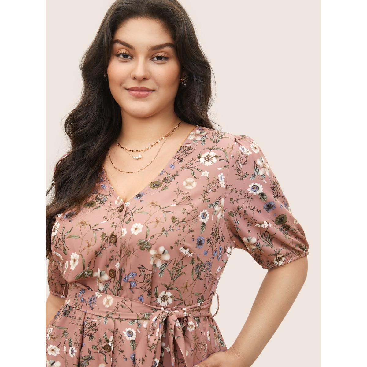 Plus Size Ditsy Floral Belted Lantern Sleeve Button Up Dress DustyPink Women Elegant Non V-neck Short sleeve Curvy Midi Dress BloomChic 14-16/1X Product Image