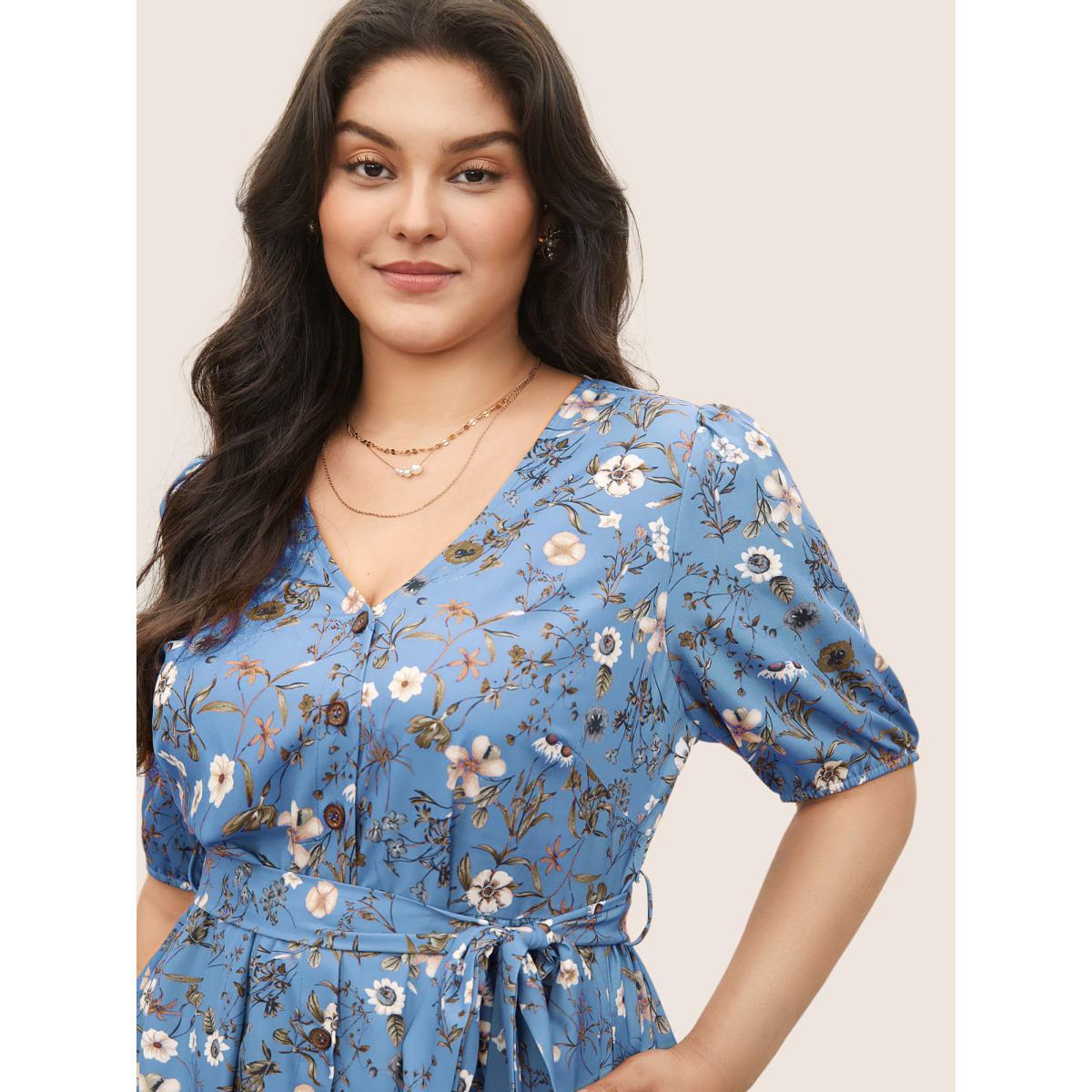 Plus Size Ditsy Floral Belted Lantern Sleeve Button Up Dress Cerulean Women Elegant Non V-neck Short sleeve Curvy Midi Dress BloomChic 22-24/3X Product Image