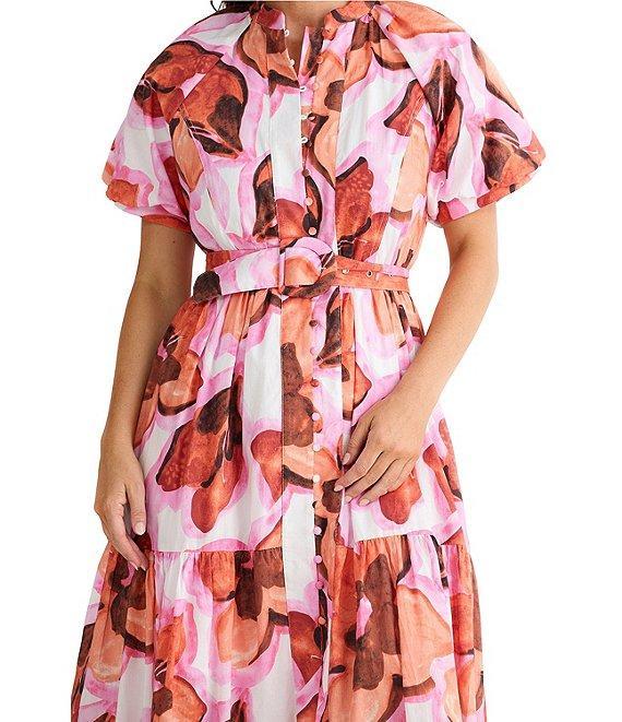 Brave + True Amour Floral Print Mandarin Collar Button Front Belted Short Puff Sleeve Maxi Dress Product Image