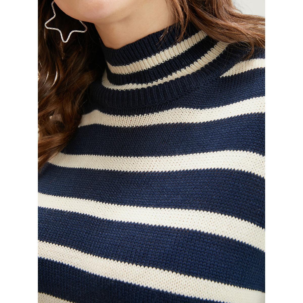 Plus Size Striped Contrast Pointelle Knit Split Hem Mock Neck Knit Top DarkBlue Women Casual Loose Long Sleeve Mock Neck Dailywear Pullovers BloomChic 12/L Product Image