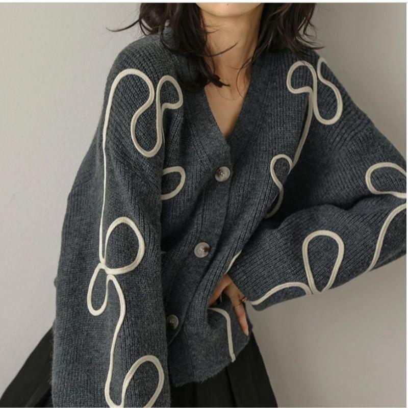 V-Neck Embroidered Button Crop Cardigan Product Image