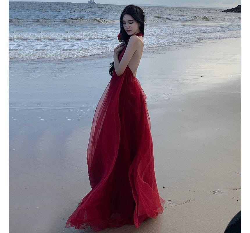 Halter-Neck Plain Open Back Midi Sundress Product Image