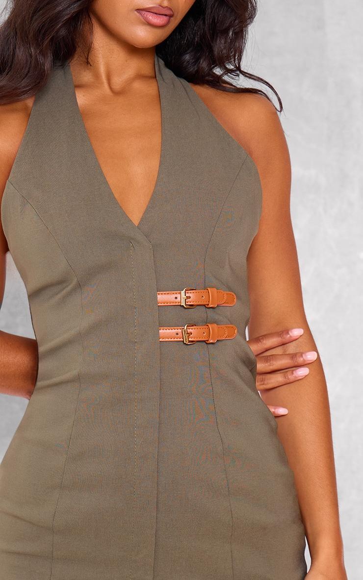 Dark Khaki Stretch Woven Belted Bodycon Dress Product Image