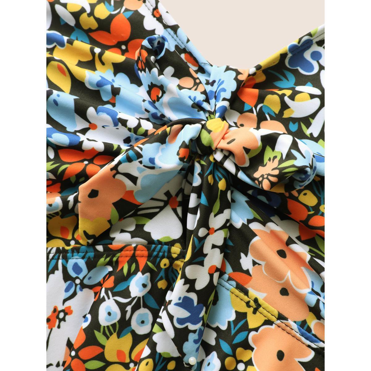 Plus Size Colored Floral Print Knotted Gathered Swim Top Women's Swimwear Multicolor Beach Knotted High stretch Bodycon V-neck Curve Swim Tops BloomChic 18-20/2X Product Image